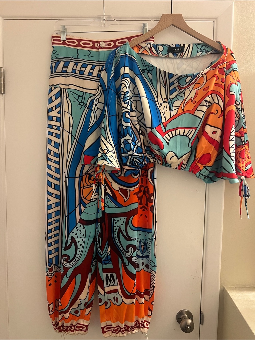 AKIRA Vibrant Abstract Printed Two-Piece Set - Blue, Orange, Red